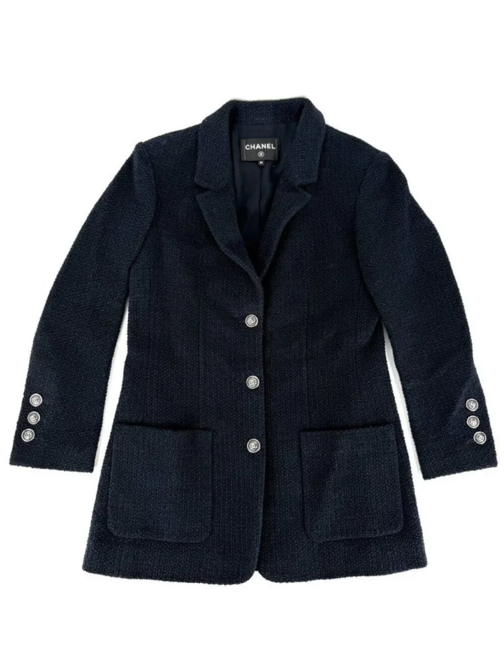 Chanel Tailored Jacket CC Logo 38 Navy Cotton Viscose